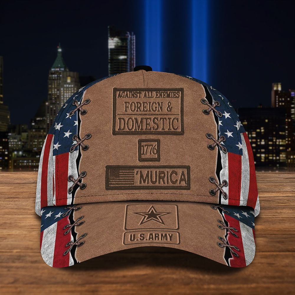 Against All Enemies Foreign And Domestic USA Flag Hat Proud Military Veteran Patriotic Gift Trucker Hats Custom Hats Gifts For Men & Women