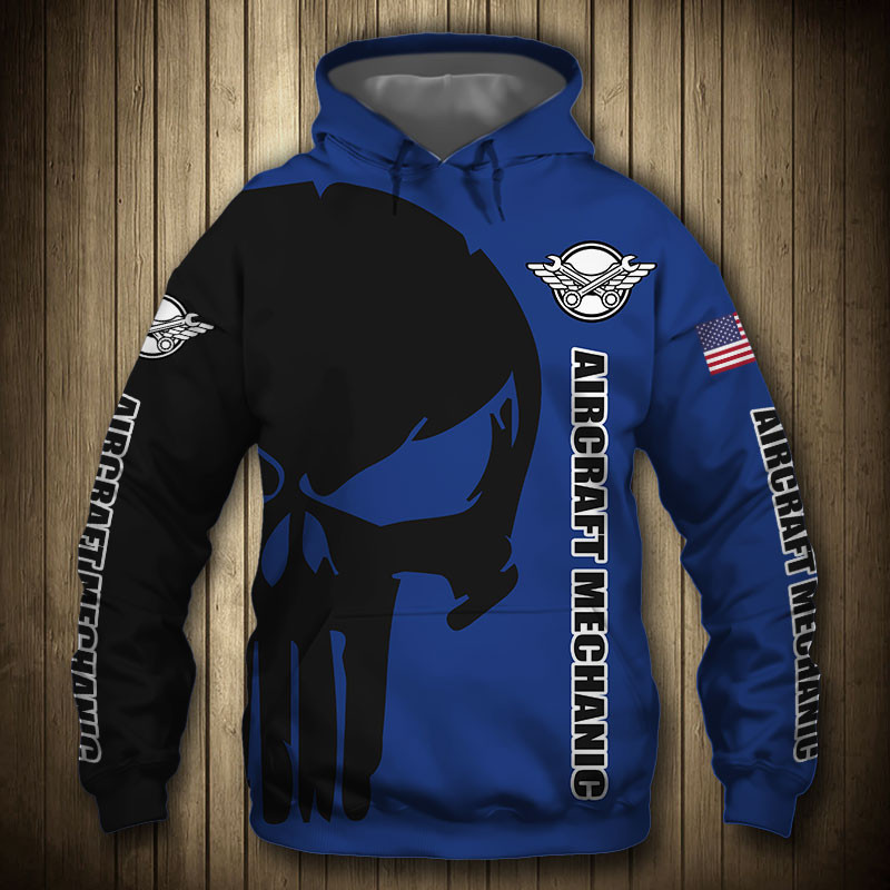 Aircraft Mechanic Punisher Skull US Flag Black Blue 3D All Over Print Hoodie, Zip Hoodie