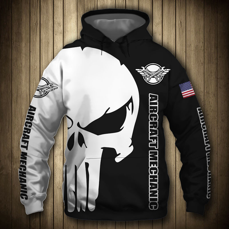 Aircraft Mechanic Punisher Skull US Flag Black White 3D All Over Print Hoodie, Zip Hoodie