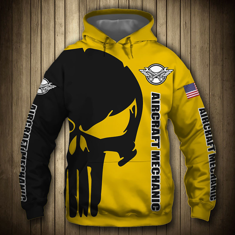 Aircraft Mechanic Punisher Skull US Flag Black Yellow 3D All Over Print Hoodie, Zip Hoodie