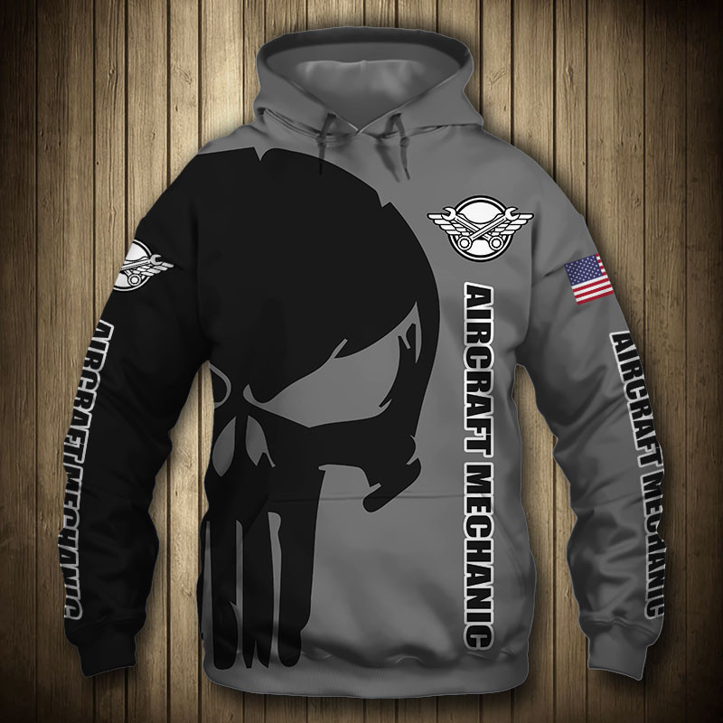 Aircraft Mechanic Punisher Skull US Flag Grey Black 3D All Over Print Hoodie, Zip Hoodie