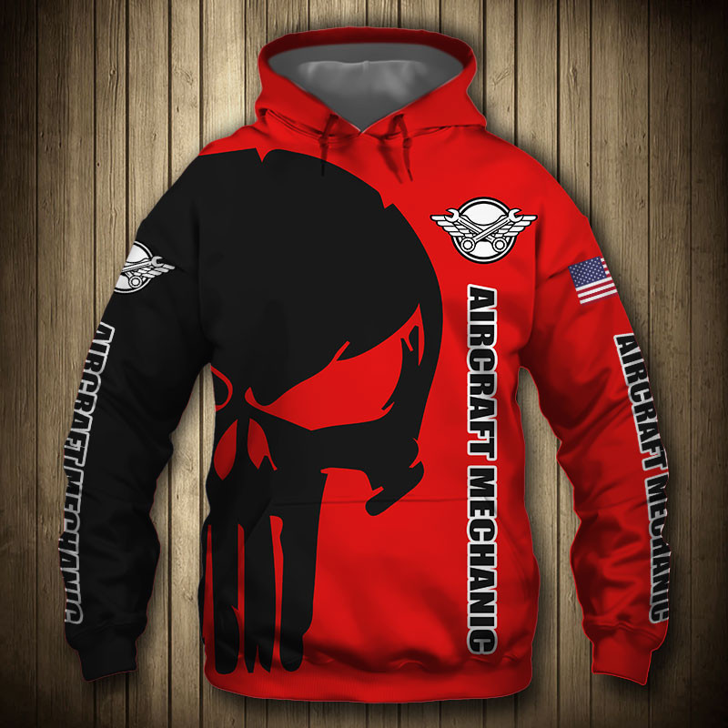 Aircraft Mechanic Punisher Skull US Flag Red Black 3D All Over Print Hoodie, Zip Hoodie