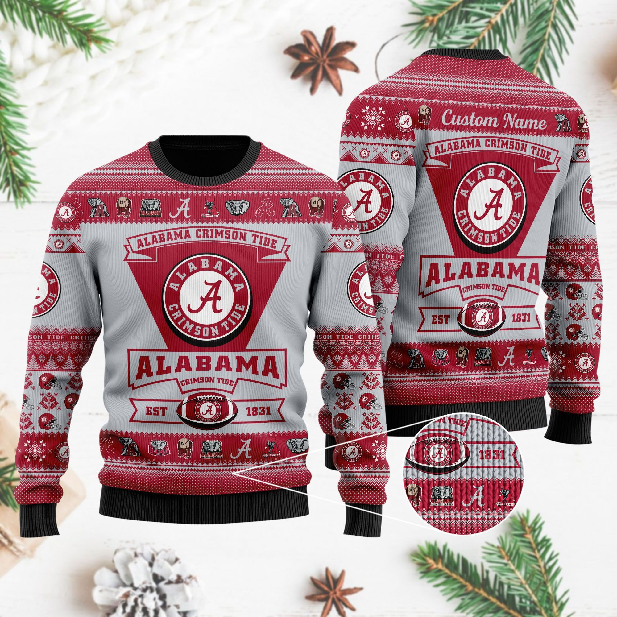 Alabama Crimson Tide Football Team Logo Personalized Ugly Christmas Sweater Adult 3D Funny Matching for family