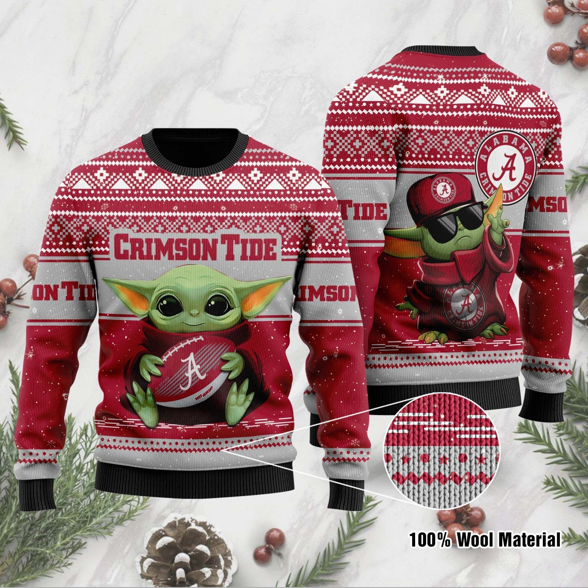 Alabama Crimson Tide Grogu Baby Yoda Hug Logo Ugly Christmas Sweater Adult 3D Funny Matching for family