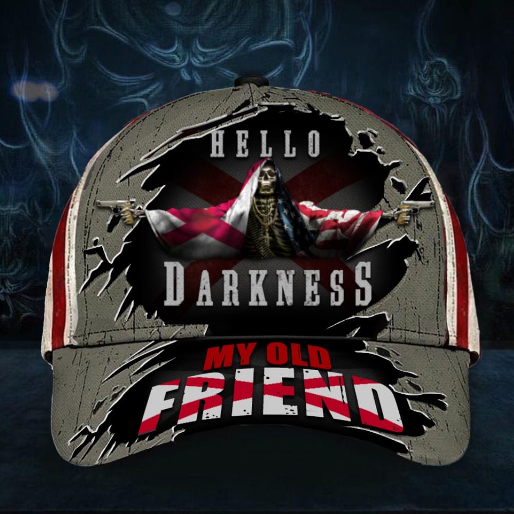 Alabama Hello Darkness My Old Friend Hat Alabama And USA Flag Skull Hats Father's Day Gifts Trucker Hats Custom Hats Gifts For Men & Women