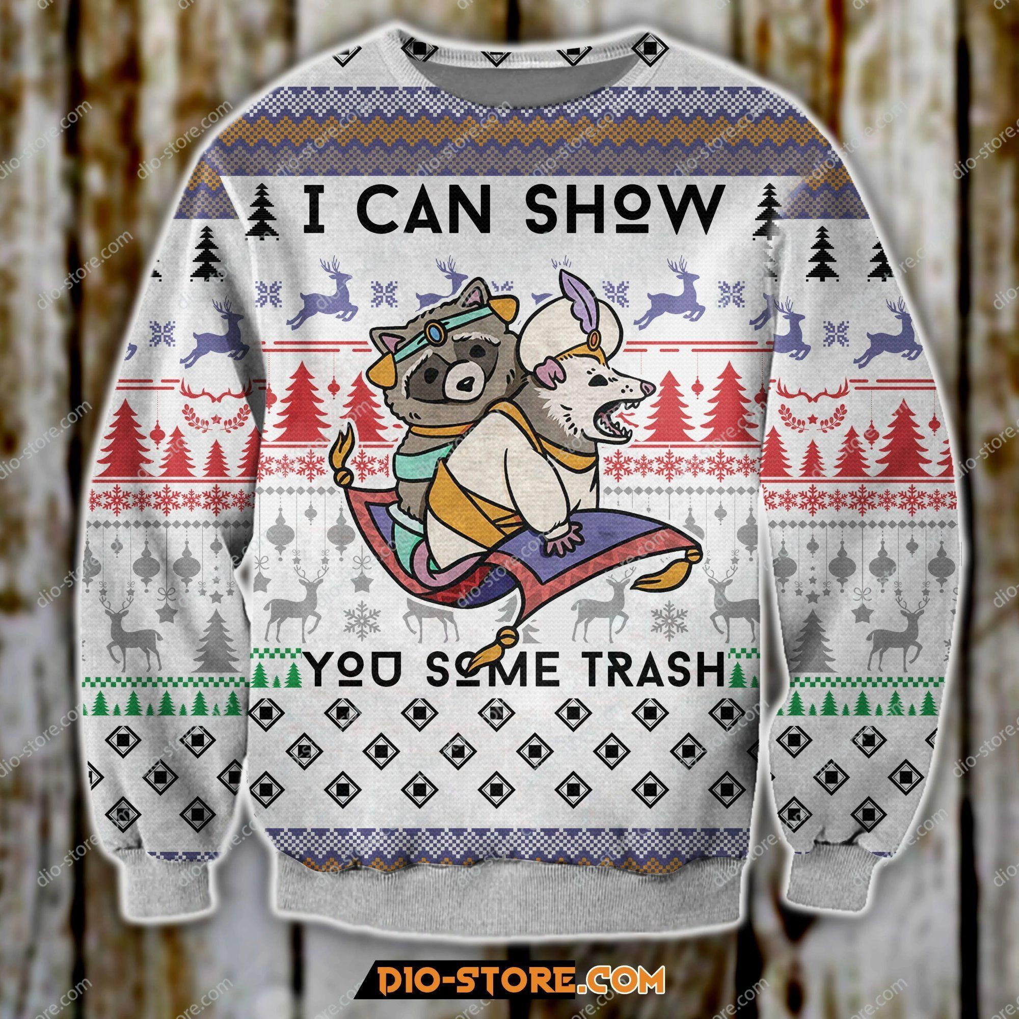 Aladdin Raccon I Can Show You Some Trash Christmas Tree Pattern Reindeer For Unisex Ugly Christmas Sweater Adult 3D Funny Matching for family