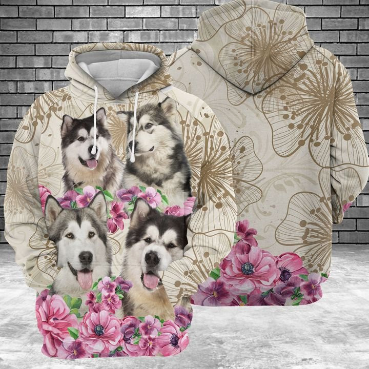 Alaskan Malamute Flower 3D All Over Print Hoodie, Zip Hoodie
