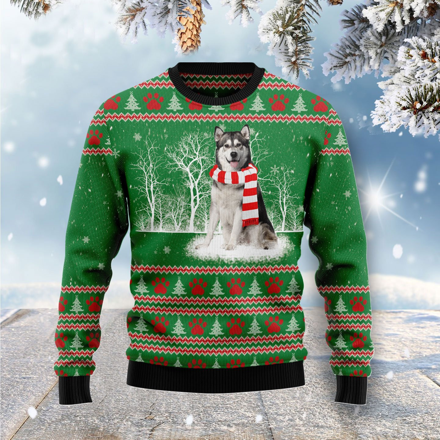 Alaskan Malamute Winter Tree Ugly Christmas Sweater Adult 3D Funny Matching for family
