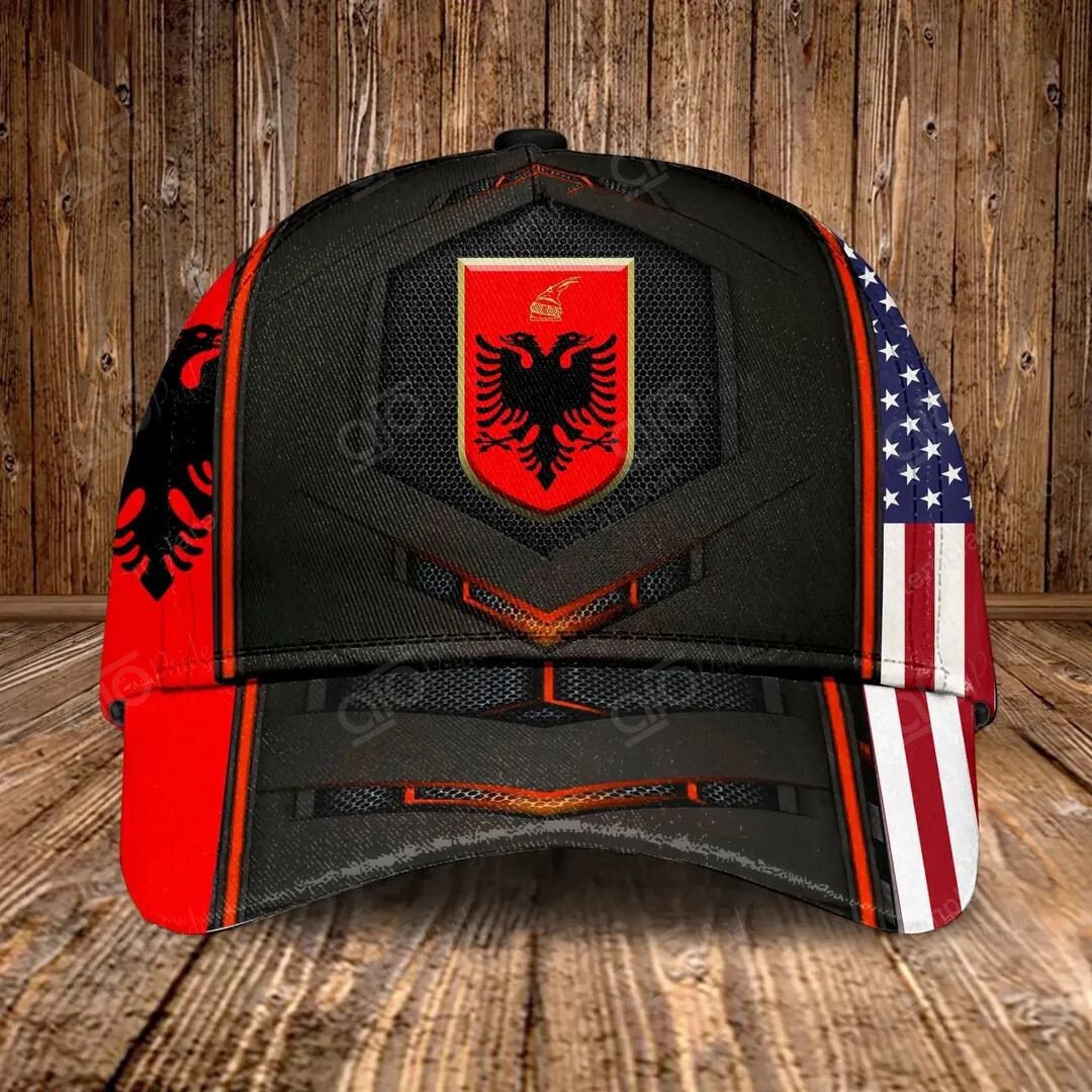 Albania Coat Of Arms & American Flag Unisex Cap Trucker Hats Custom Hats Gifts For Men & Women