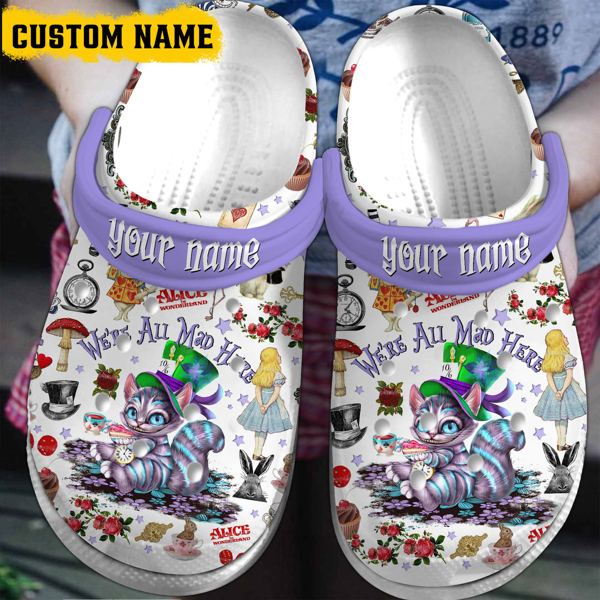 Alice in Wonderland Cartoon Crocs Crocband Clogs Shoes Comfortable For Men Women and Kids