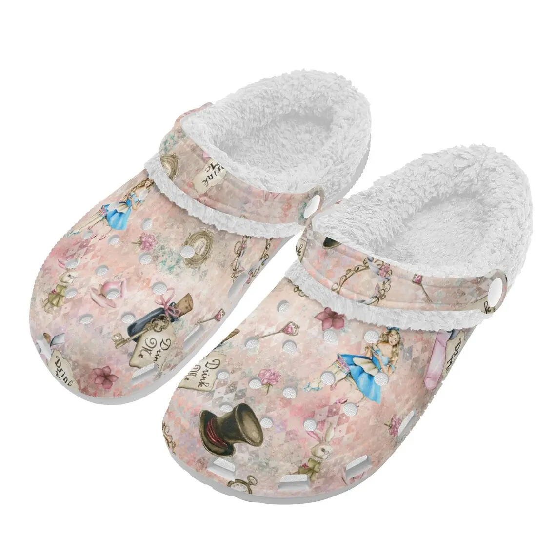Alice in Wonderland Cartoon Crocs Crocband Fleece Lined Clogs Shoes Comfortable For Men Women and Kids In Winter