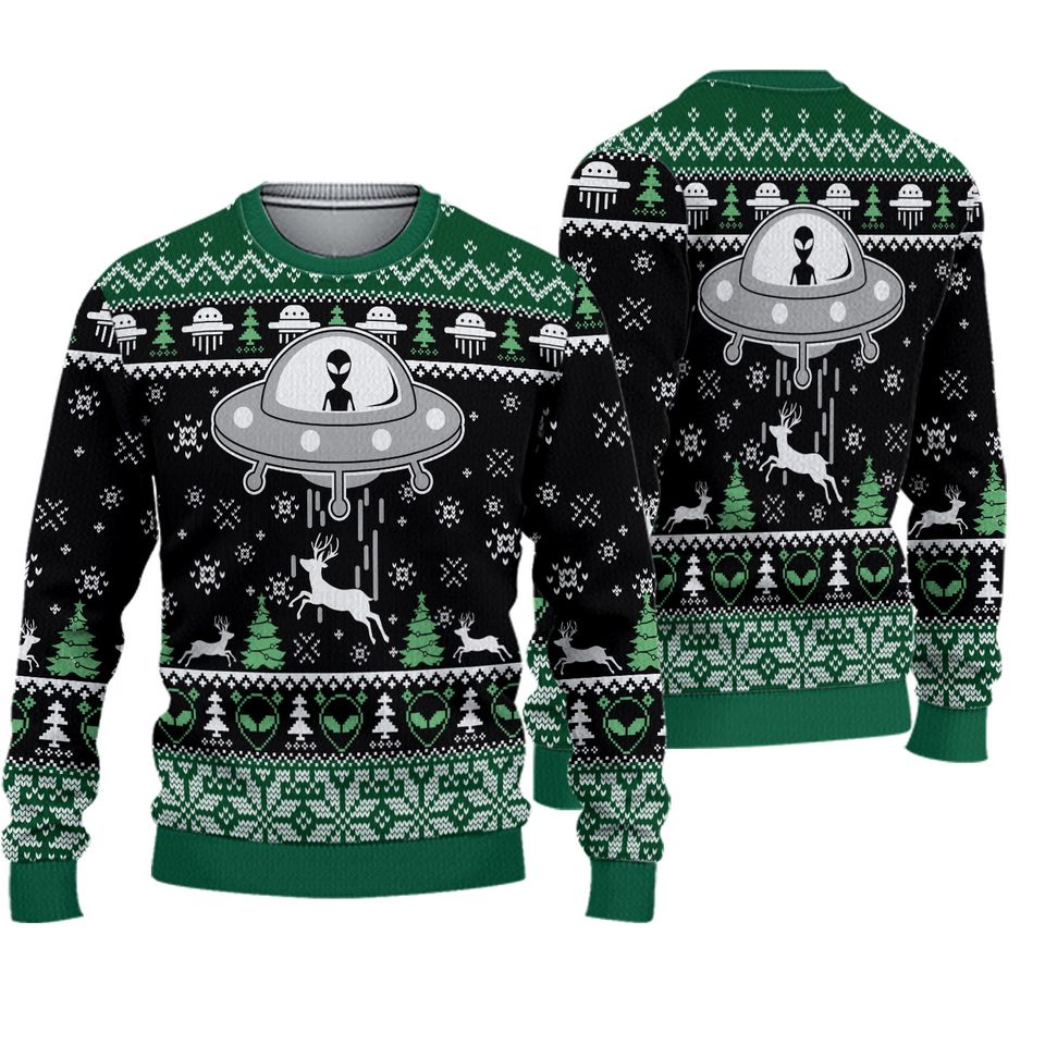 Alien Christmas Ugly Sweater, Alien UFO Holiday Sweater, Outer Space Xmas Sweater