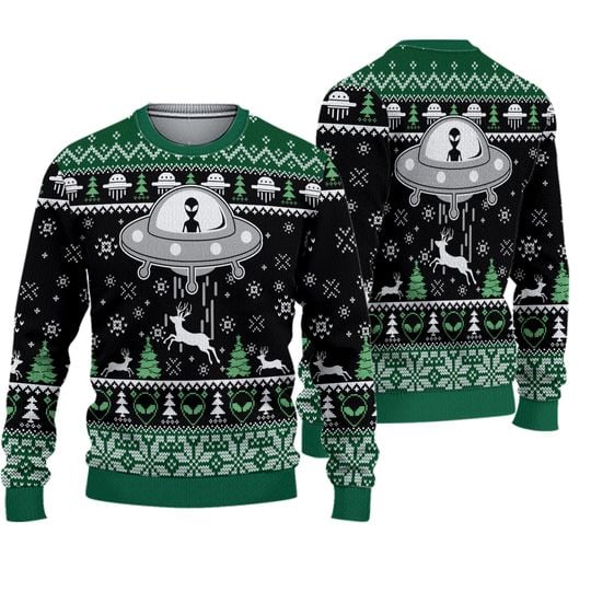Alien Christmas Ugly Sweater, Alien UFO Holiday Sweater, Outer Space Xmas Sweater - Image 2