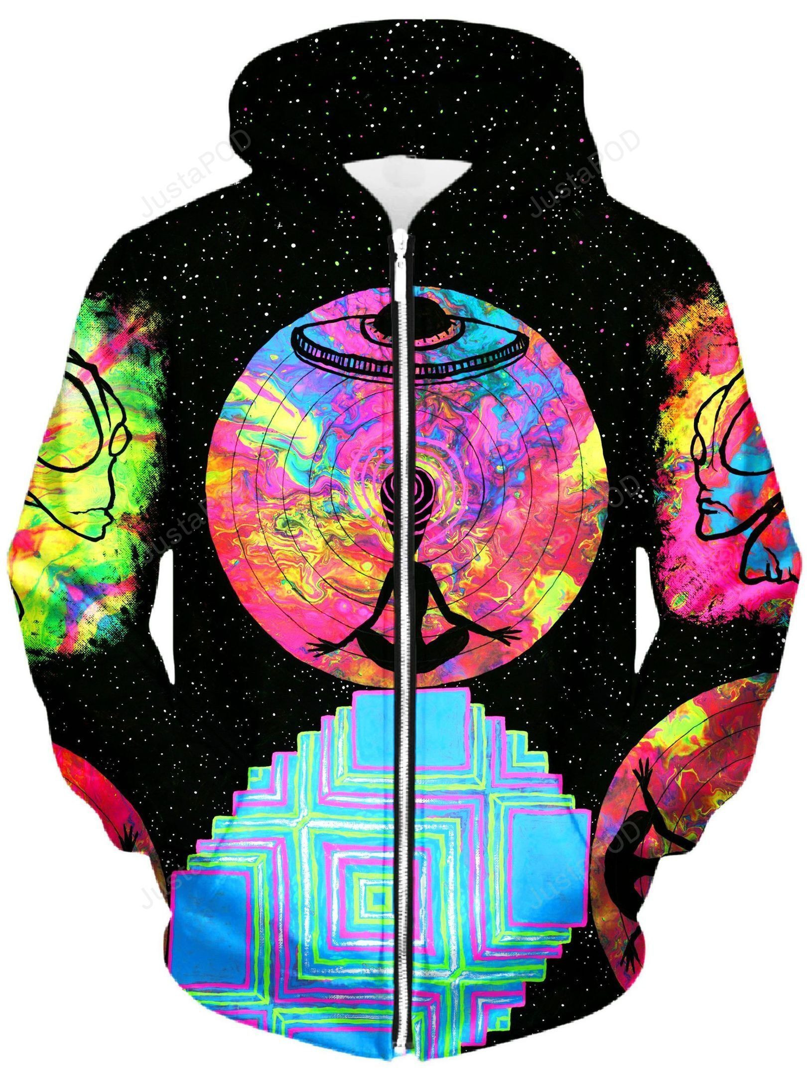 Alien Meditate Unisex Zip-Up 3D All Over Print Hoodie, Zip Hoodie