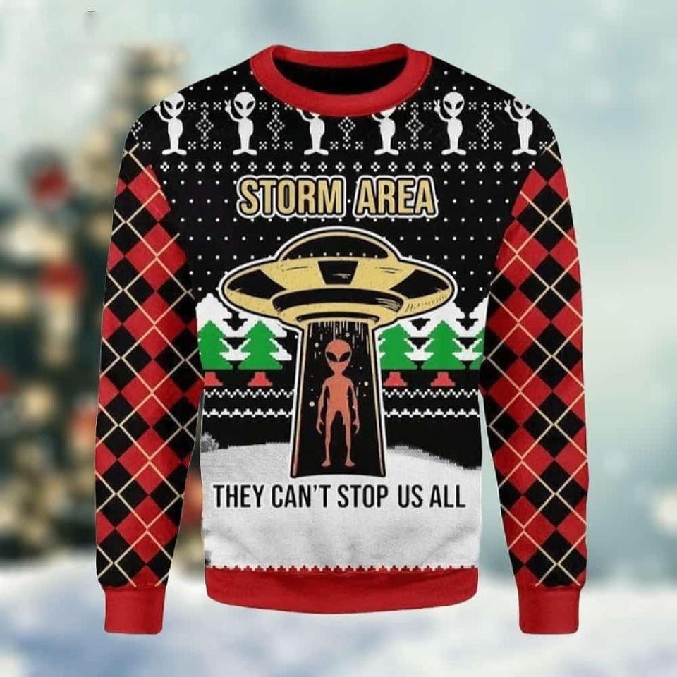 Alien UFO Ugly Christmas Sweater, Storm Area They Cant Stop Us All, Space Gifts, Green Alien Shirt, Christmas Gift