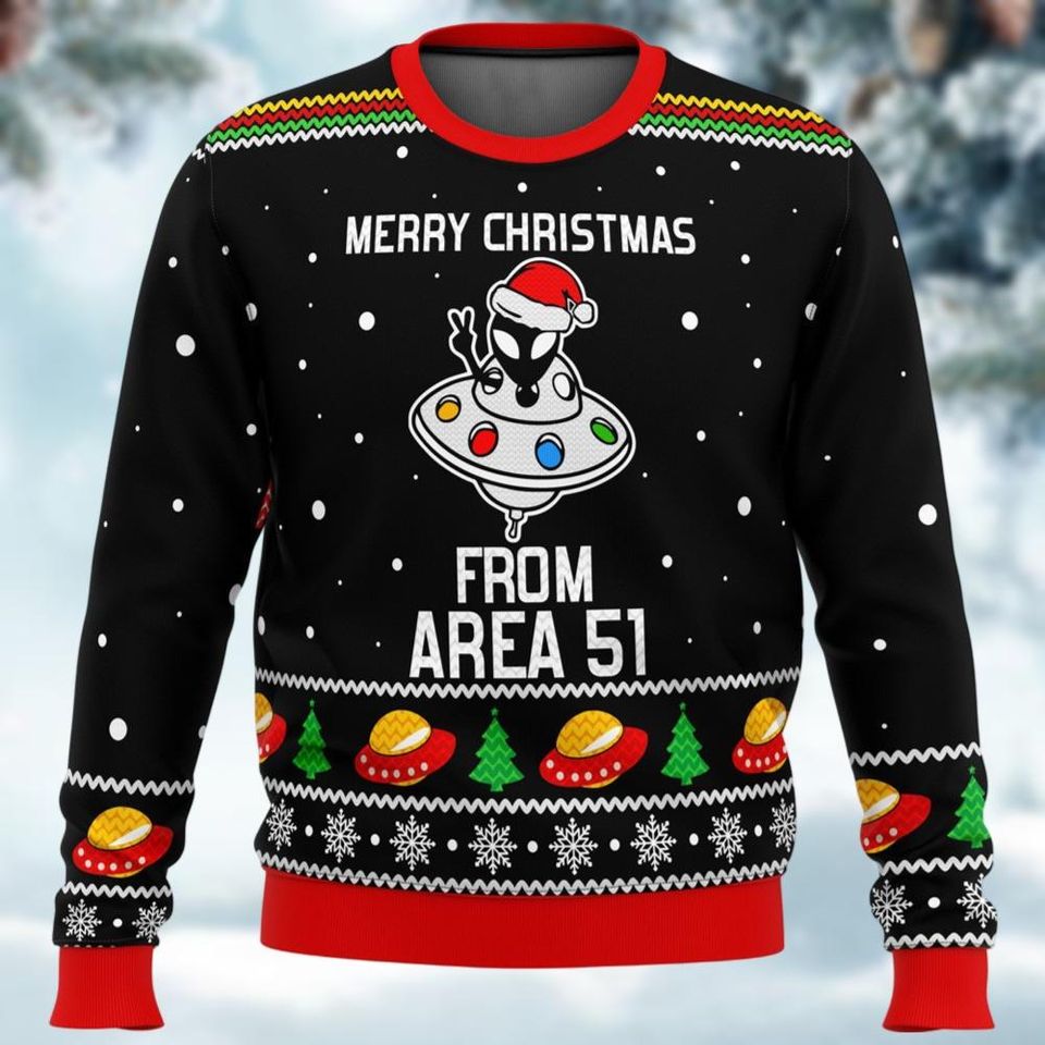 Alien Ugly Christmas Sweater, Merry Christmas Holiday Sweater, Area 51 Sweater
