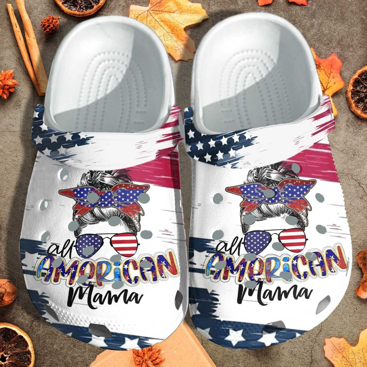 All American Mama Messy Custom Shoes Clogs - Bun Hair Style American Flag Outdoor Shoes Clog