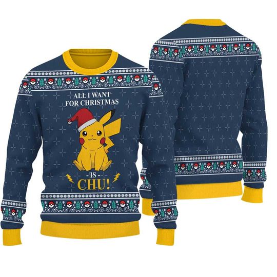 All I Want For Christmas Is Chu Ugly Christmas Sweater, Pika Ugly Sweater Knitted - Image 4