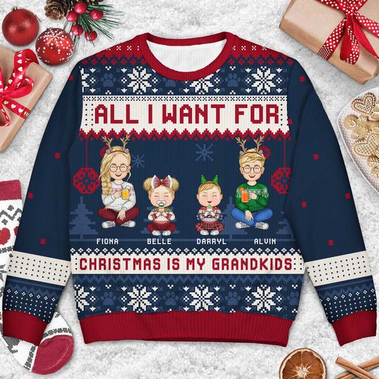 All I Want For Christmas Is My Grandkids Family Xmas Personalized Unisex Ugly Sweatshirt - Image 6