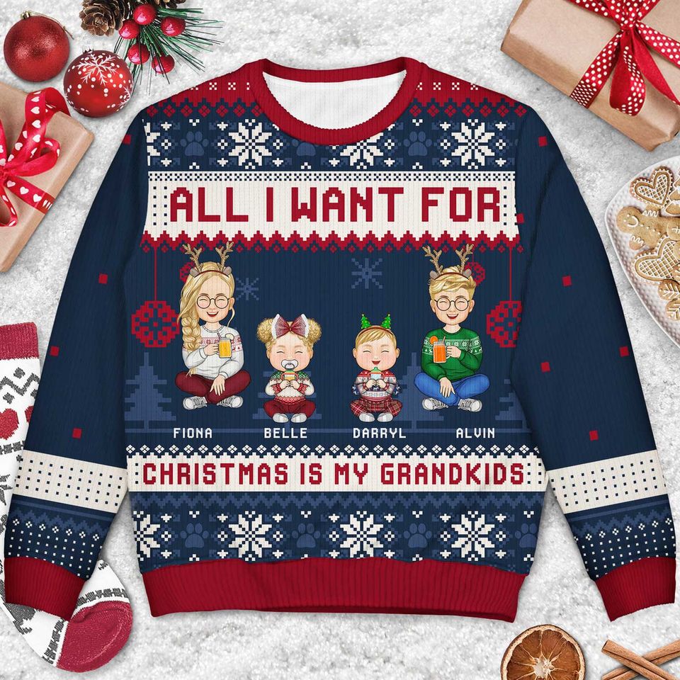 All I Want For Christmas Is My Grandkids Family Xmas Personalized Unisex Ugly Sweatshirt - Image 3