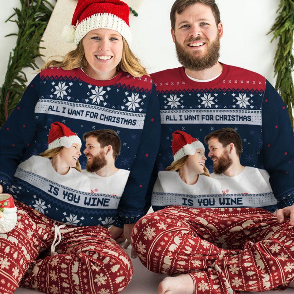 All I Want For Christmas Is Wine Husband Wife Custom Upload Image Ugly Christmas Sweater - Image 3
