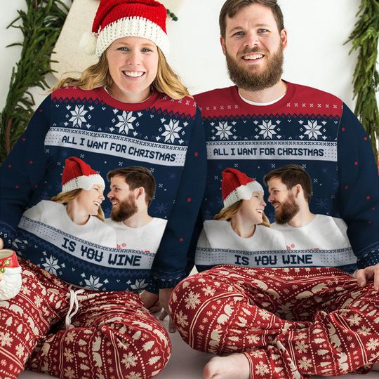 All I Want For Christmas Is Wine Husband Wife Custom Upload Image Ugly Christmas Sweater - Image 6