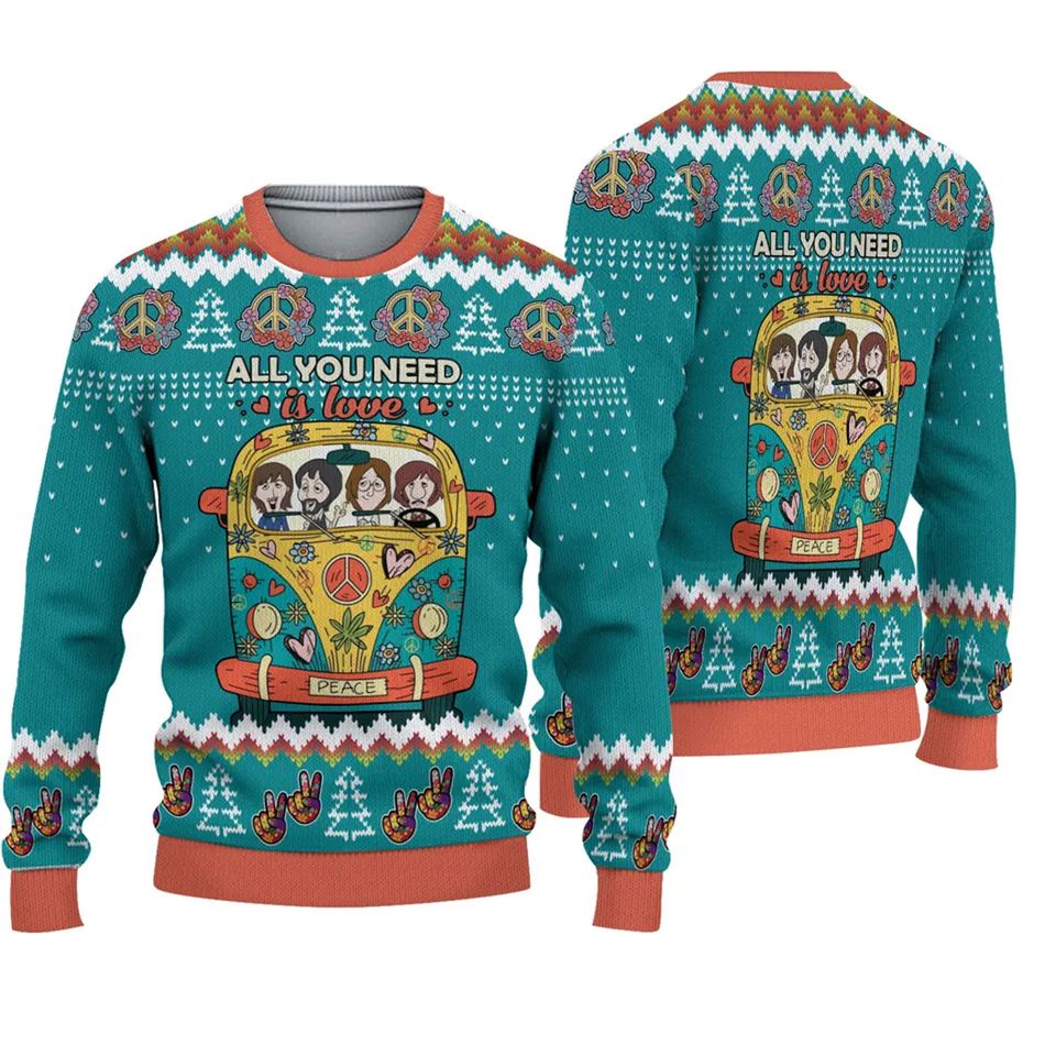 All You Need Is Love Hippie Peace bus Ugly Christmas 3D Sweater