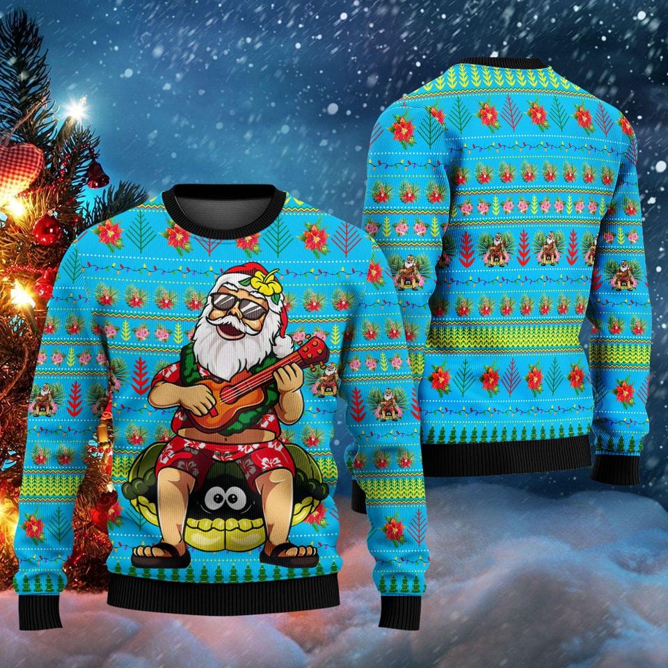 Aloha Santa Claus Play Guitar Xmas Ugly Christmas Sweater