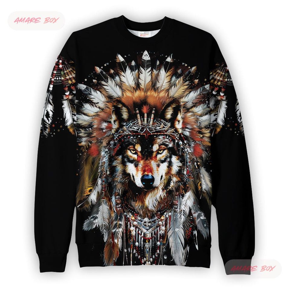 Amare Box Native American Wolf Sweatshirt, Wolf Lovers