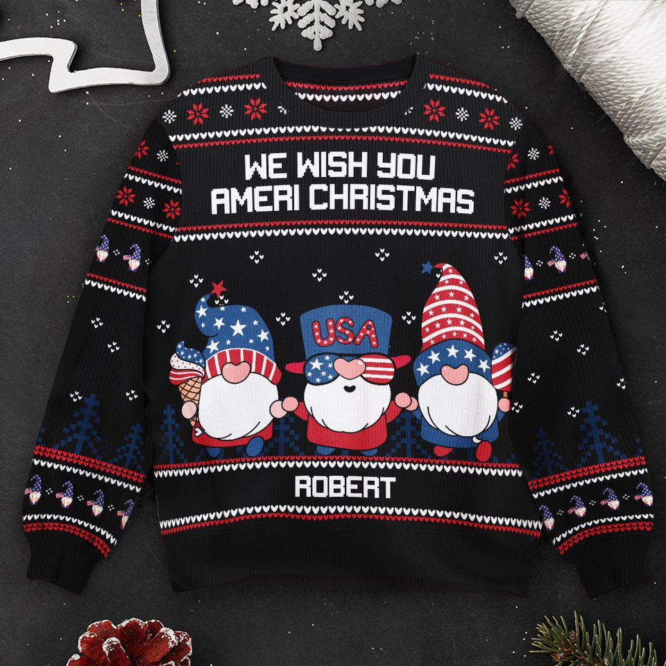 America Gnome We Wish You Ameri Christmas - Personalized Ugly Sweater