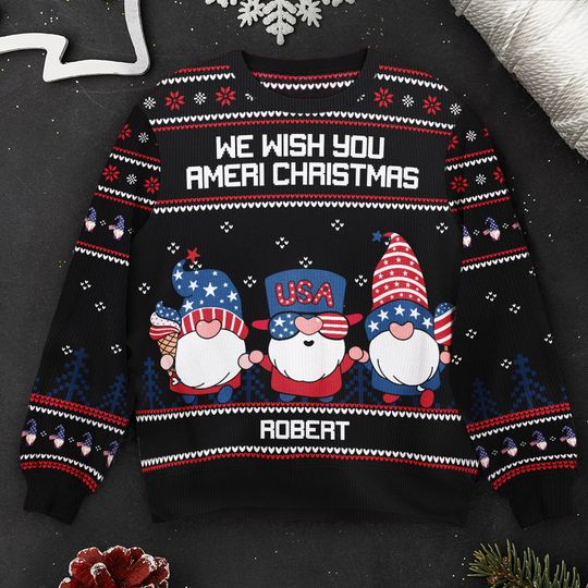 America Gnome We Wish You Ameri Christmas - Personalized Ugly Sweater - Image 2