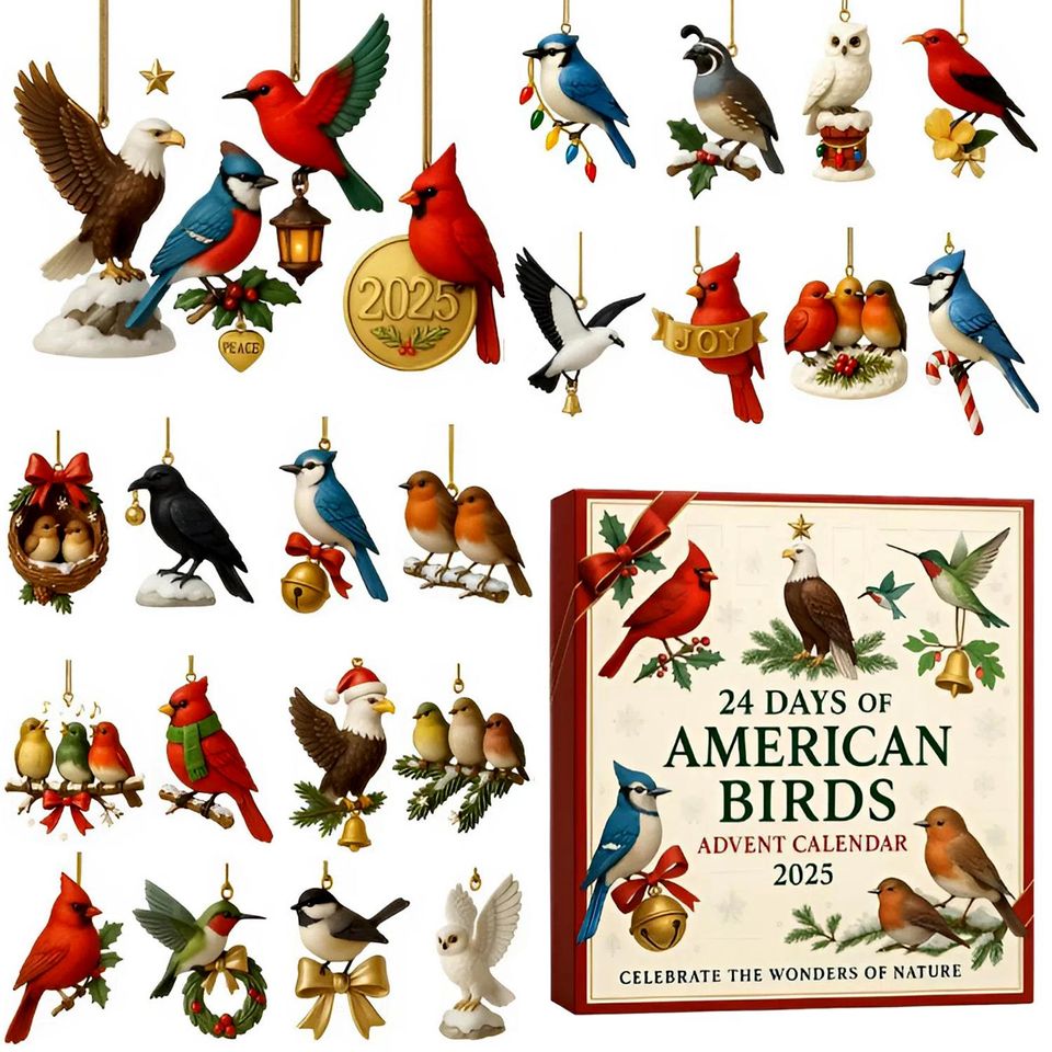 American Birds Advent Calendar 2025, 24 Day Birds Figurines : Vintage Christmas Ornament Countdown