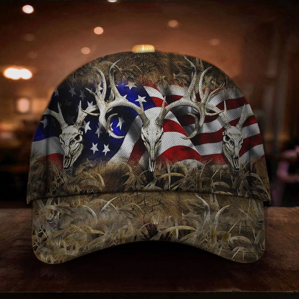 American Deer Hunter Hat USA Flag Deer Hunting Cap Unique Mens Hunting Gift For Him Trucker Hats Custom Hats Gifts For Men & Women