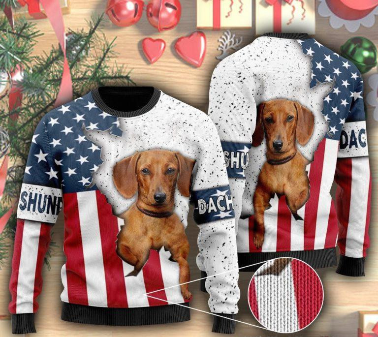 American Flag And Dachshund Dog Ugly Christmas Sweater Adult 3D Funny Matching for family