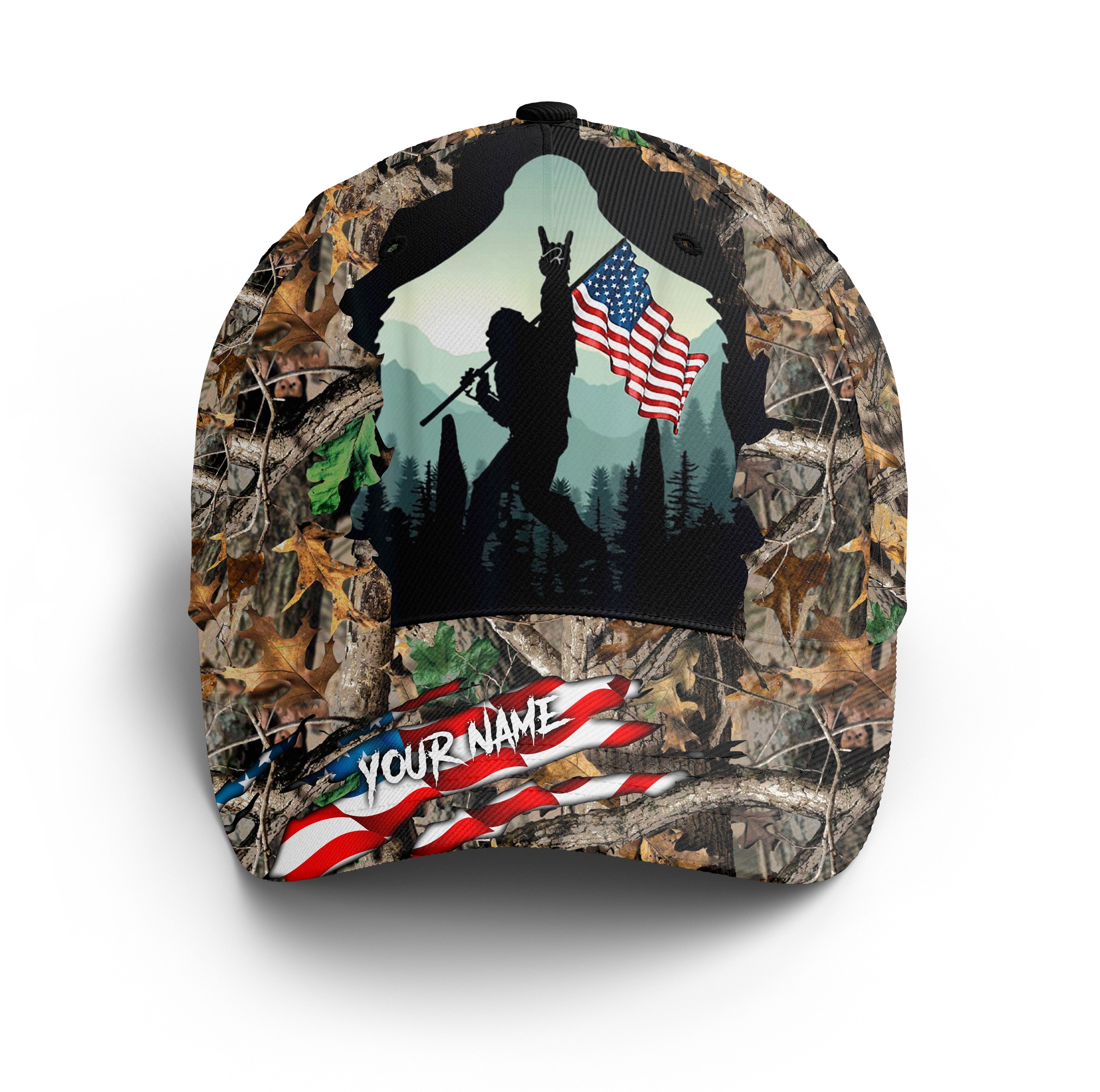 American Flag Bigfoot Camo Hat, Custom Bigfoot Sasquatch Classic Cap Adjustable Mesh Unisex Baseball Hat Camo Camping Hunting, Fishing Classic Cap Trucker Hats Custom Hats Gifts For Men & Women