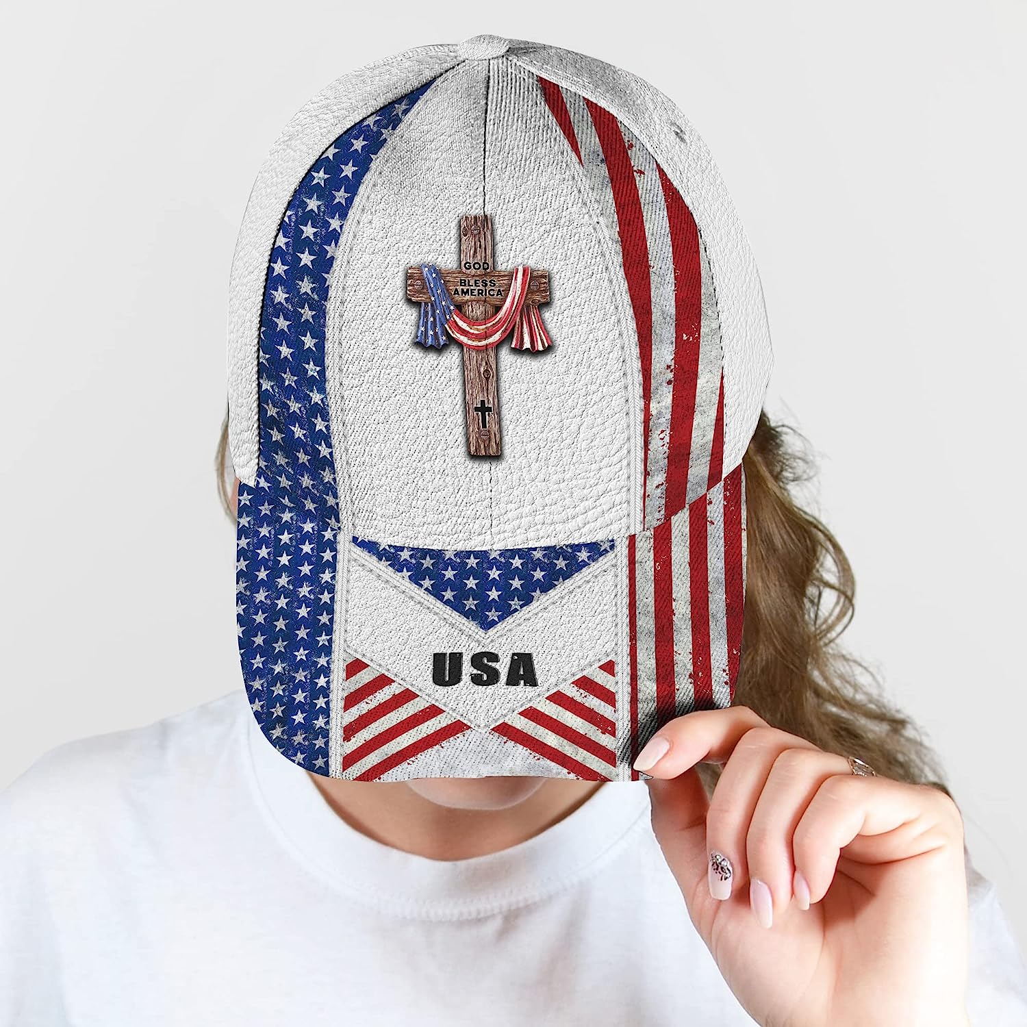 American Flag On Cross God Bless America All Over Print Baseball Cap - Christian Hats For Men Women Trucker Hats Custom Hats Gifts For Men & Women