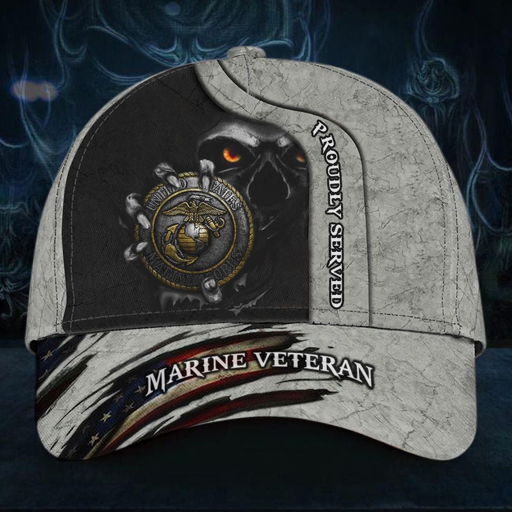 American Flag Proud Skull Marine Veteran Proudly Served Cap USA - Classic Cap Trucker Hats Custom Hats Gifts For Men & Women