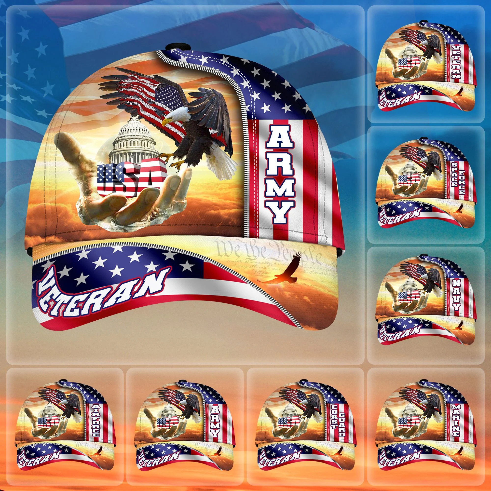 American Patriot Multiservice U.S Veteran Cap Eagle USA Flag Cap Trucker Hats Custom Hats Gifts For Men & Women