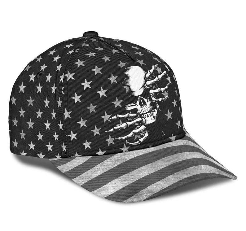 American Skull Cap, Skull Gift, Skull Hat, America Skull Baseball Cap 3D, Gift For Men Dad Trucker Hats Custom Hats Gifts For Men & Women