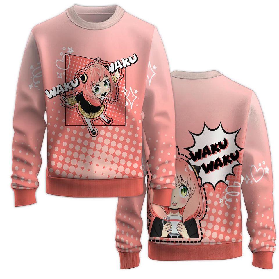 An Anime Spy Family Waku Waku Sweatshirt with Crew Neck and Long Sleeve, 3D Printed Graphic