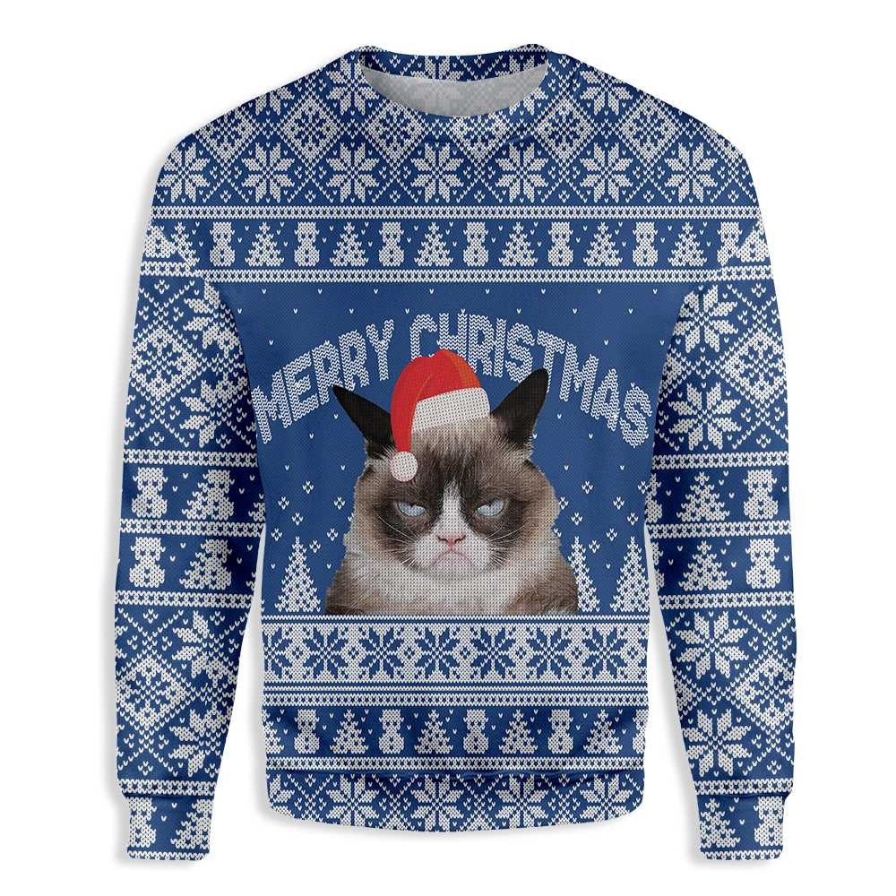 Annoyed Cat Ugly Christmas Sweater Adult 3D Funny Matching for family