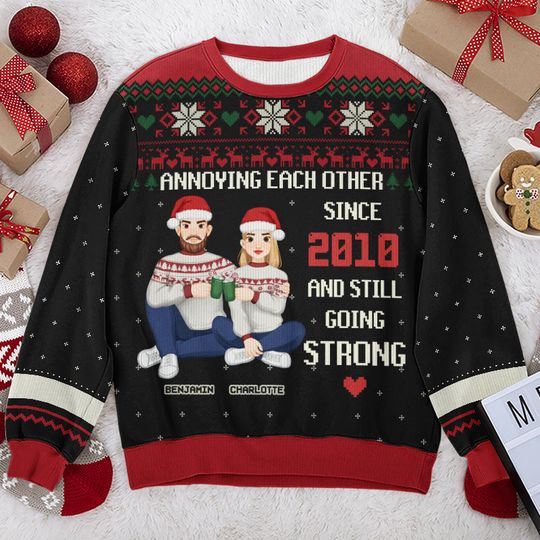 Annoying Each Other Every Year And Still Going Strong Husband And Wife Anniversary Couples Family Matching Gift Personalized Custom Unisex Wool Ugly Christmas Sweatshirt - Image 4