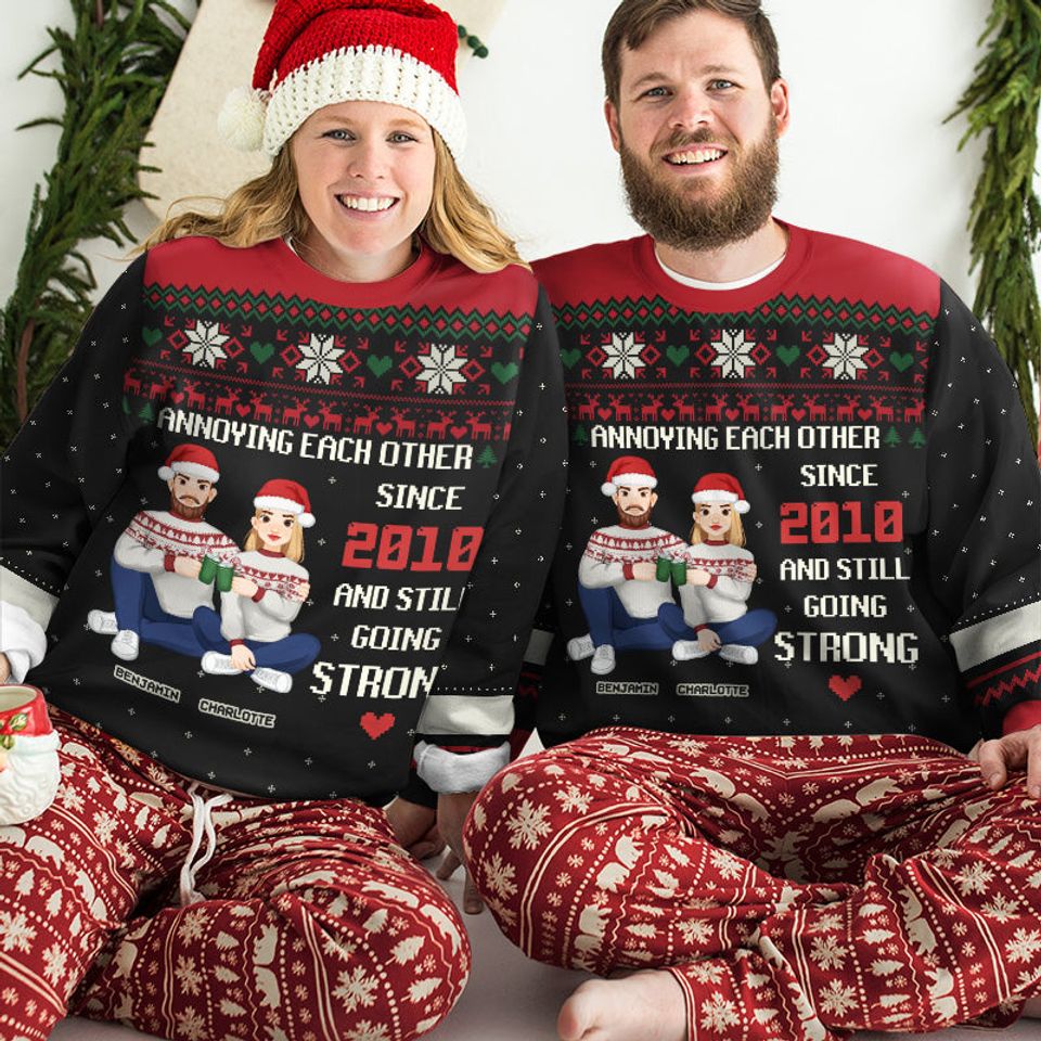 Annoying Each Other Every Year And Still Going Strong Husband And Wife Anniversary Couples Family Matching Gift Personalized Custom Unisex Wool Ugly Christmas Sweatshirt - Image 3