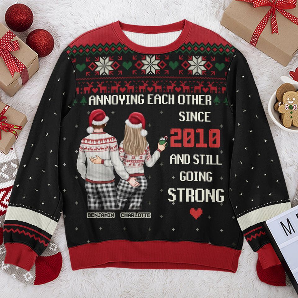Annoying Each Other Since - Couple Personalized Ugly Sweatshirt - Unisex Wool Jumper - Christmas Gift For Husband Wife, Anniversary
