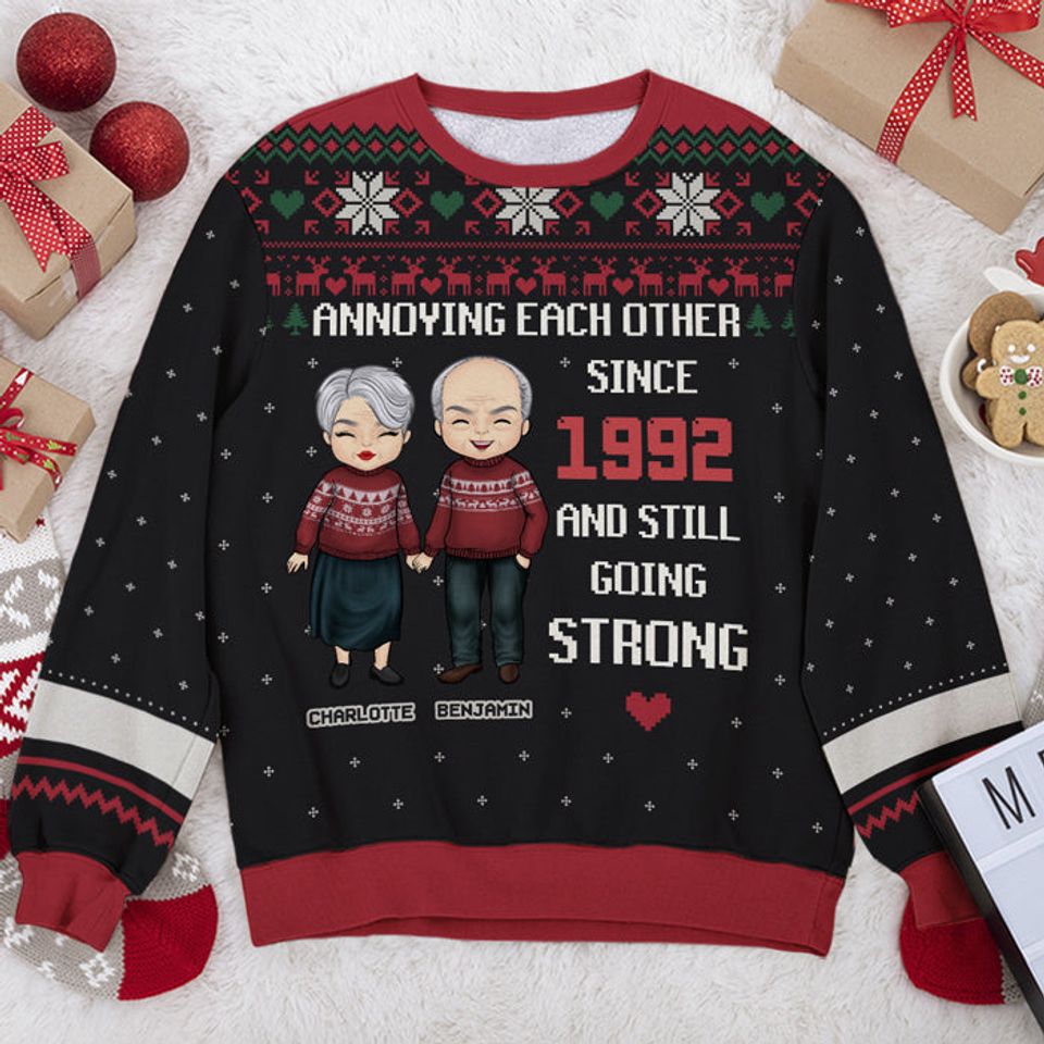 Annoying Each Other Since Husband And Wife Anniversary Couples Family Matching Gift Personalized Custom Unisex Wool Ugly Christmas Sweatshirt