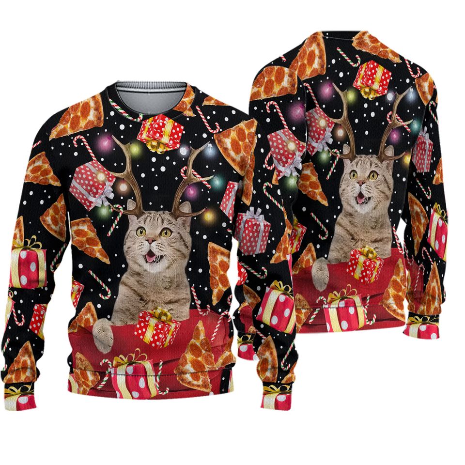 Antlers Cat Pizza 3D Christmas Sweater