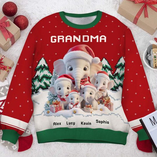 Any Title Cute Elephant - Personalized Grandma Ugly Sweater - Image 4
