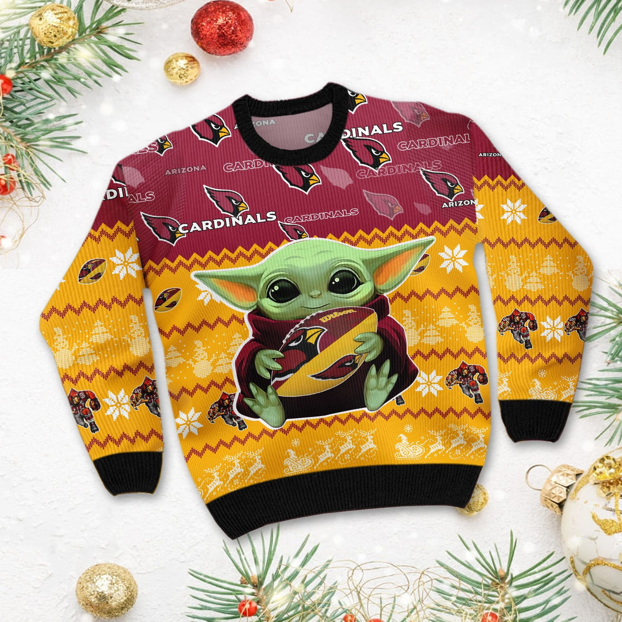 Arizona Cardinals Baby Yoda Shirt For American Football Fans Ugly Christmas Sweater Adult 3D Funny Matching for family - Image 3