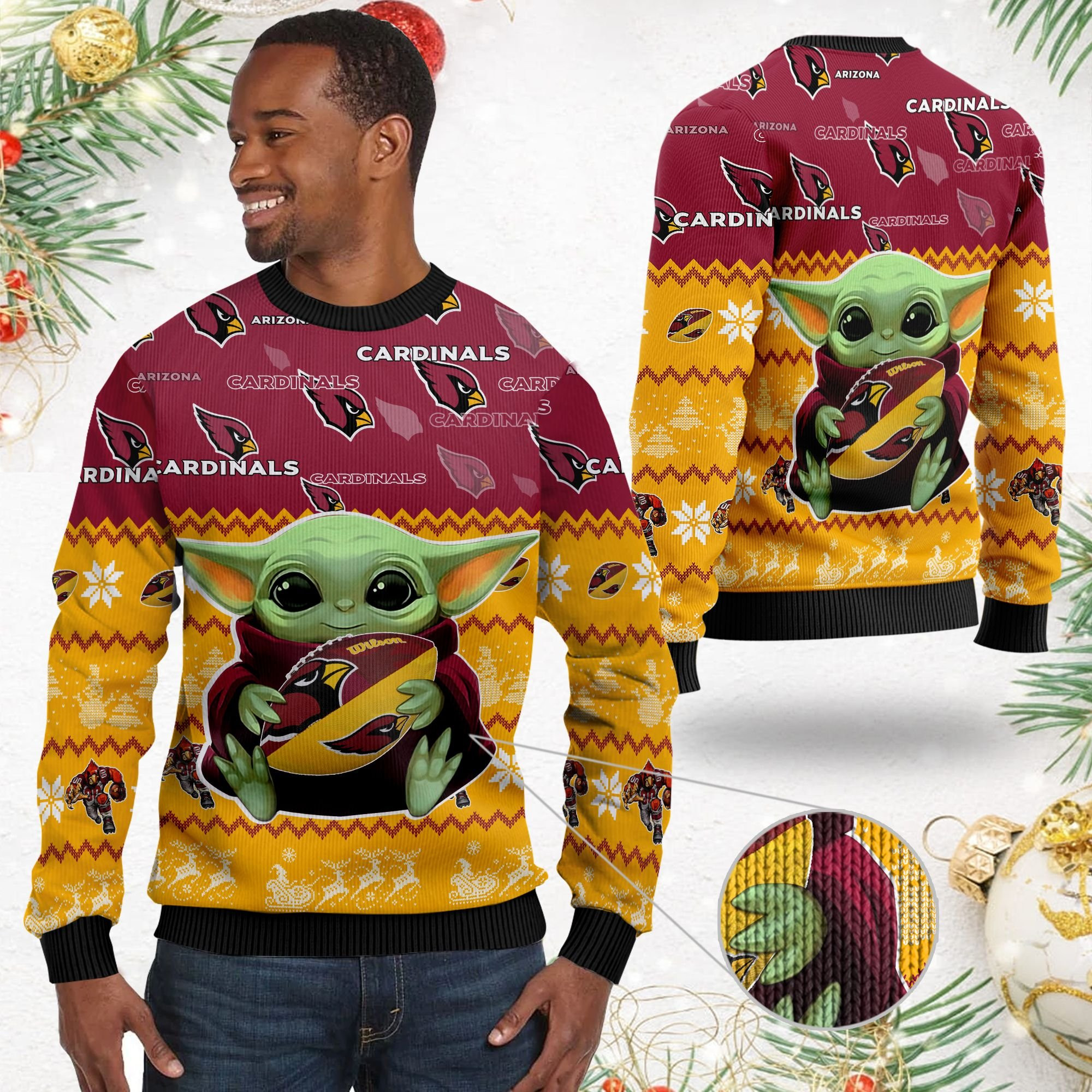 Arizona Cardinals Baby Yoda Shirt For American Football Fans Ugly Christmas Sweater Adult 3D Funny Matching for family - Image 2