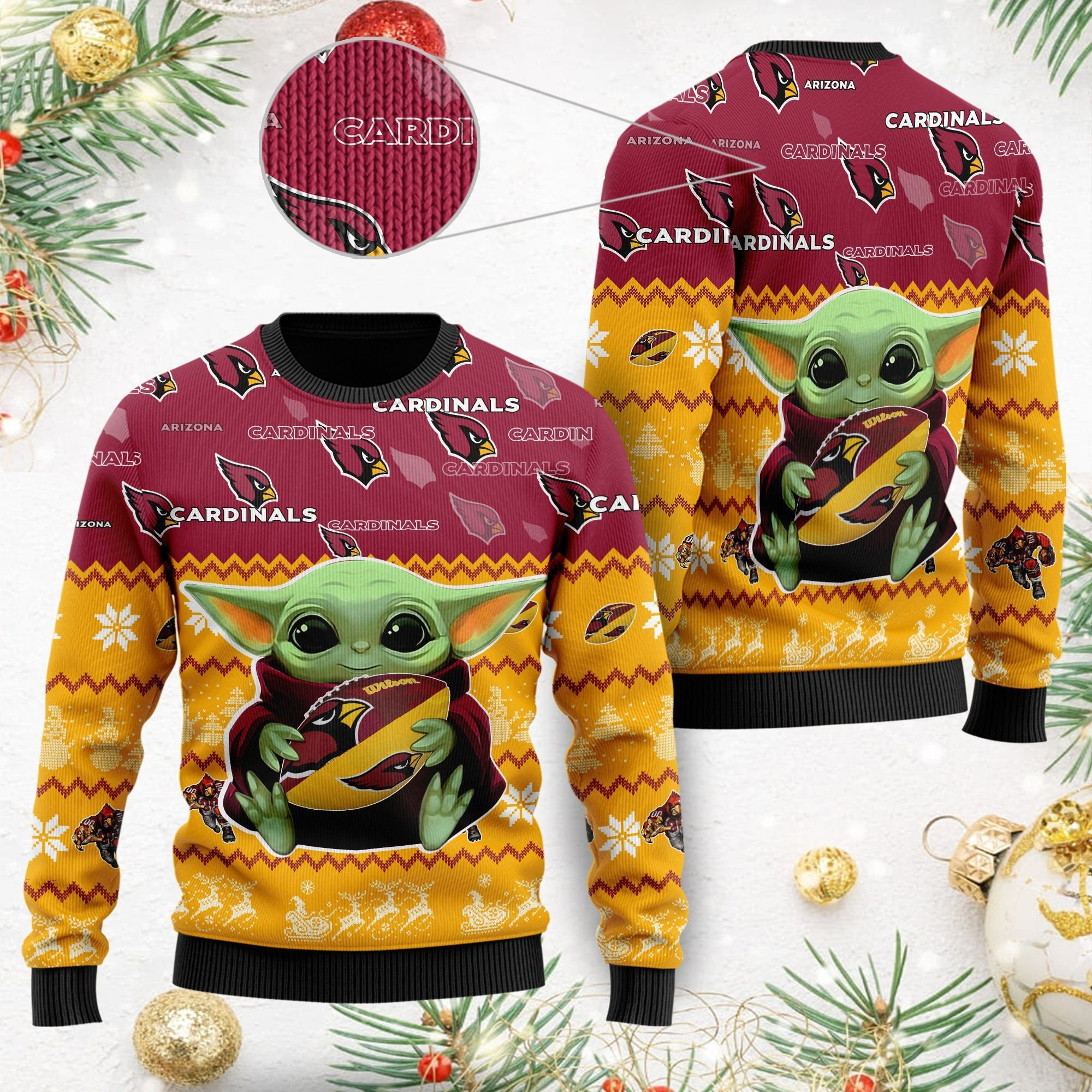 Arizona Cardinals Baby Yoda Ugly Christmas Sweater Adult 3D Funny Matching for family
